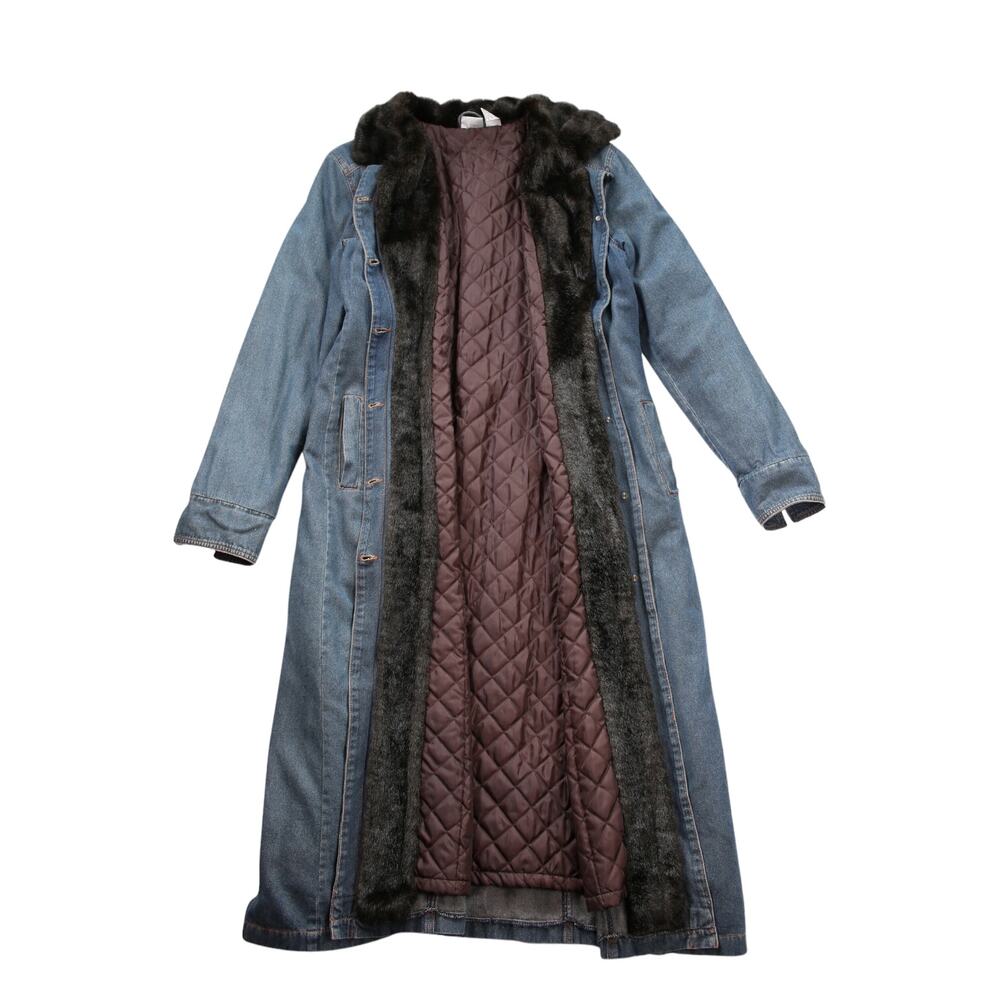 Vintage Y2K Faux Fur Trim Longline Denim Coat